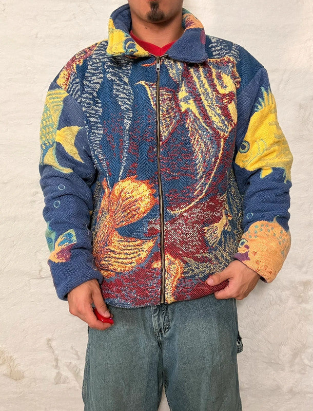 Veste Harrington en tapisserie design unique fait main upcyclé retravaillé et tissé taille XL n•886