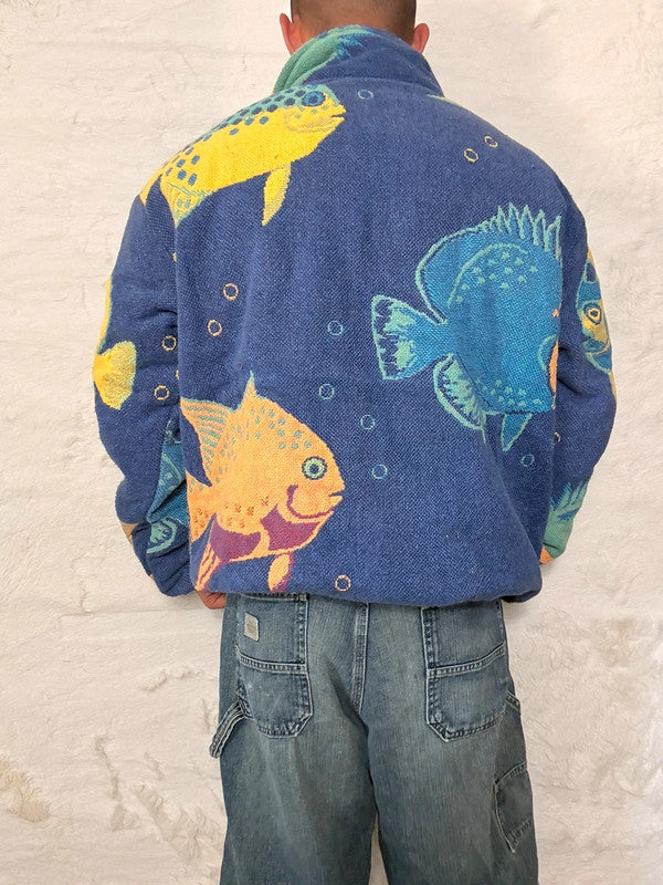 Veste Harrington en tapisserie design unique fait main upcyclé retravaillé et tissé taille XL n•886