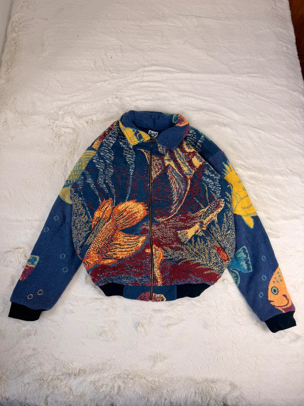 Veste Harrington en tapisserie design unique fait main upcyclé retravaillé et tissé taille XL n•886