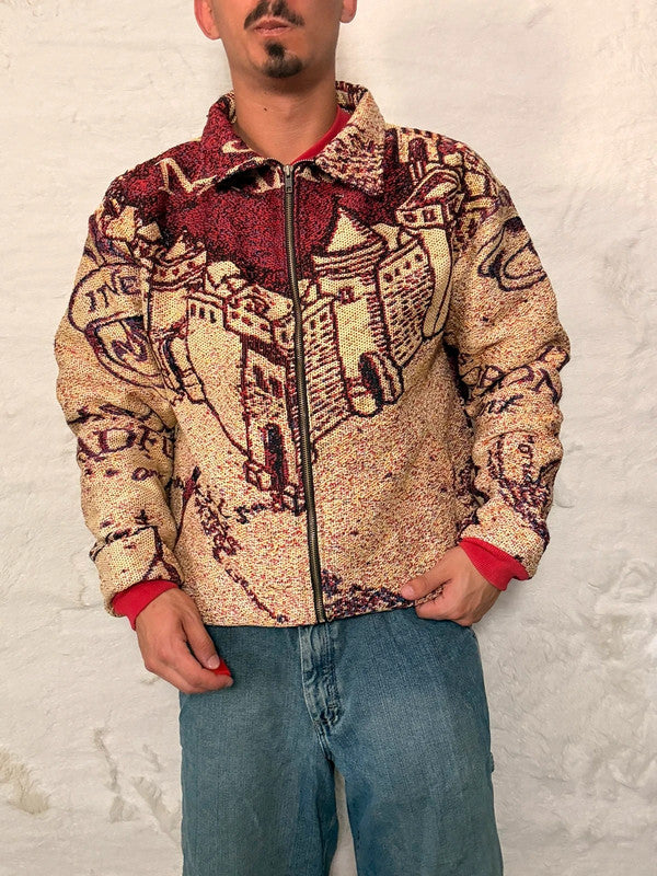 Veste Harrington en tapisserie design unique fait main upcyclé retravaillé et tissé taille L n•887