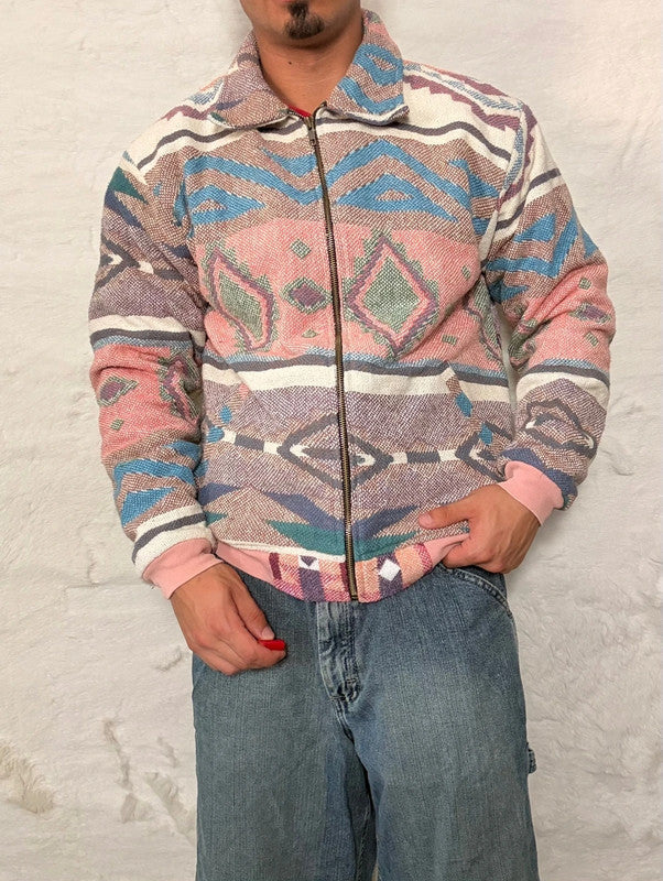 Veste Harrington en tapisserie design unique fait main upcyclé retravaillé et tissé taille M n•889