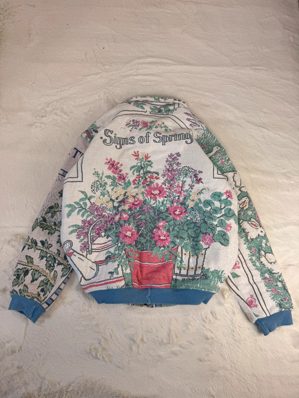 Veste Harrington en tapisserie design unique fait main upcyclé retravaillé et tissé taille XL n•890