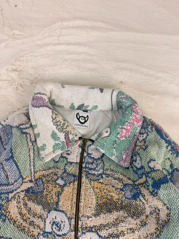 Veste Harrington en tapisserie design unique fait main upcyclé retravaillé et tissé taille XL n•890