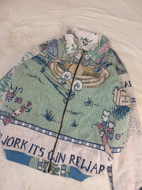 Veste Harrington en tapisserie design unique fait main upcyclé retravaillé et tissé taille XL n•890