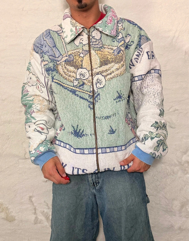 Veste Harrington en tapisserie design unique fait main upcyclé retravaillé et tissé taille XL n•890