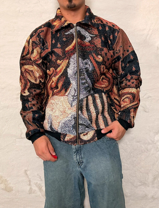 Veste Harrington en tapisserie design unique fait main upcyclé retravaillé et tissé taille M n•891