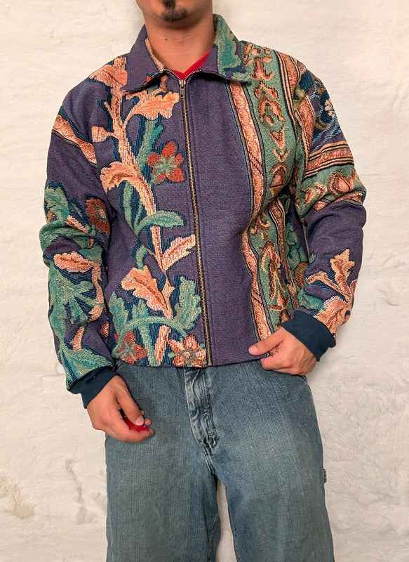 Veste Harrington en tapisserie design unique fait main upcyclé retravaillé et tissé taille M n•892