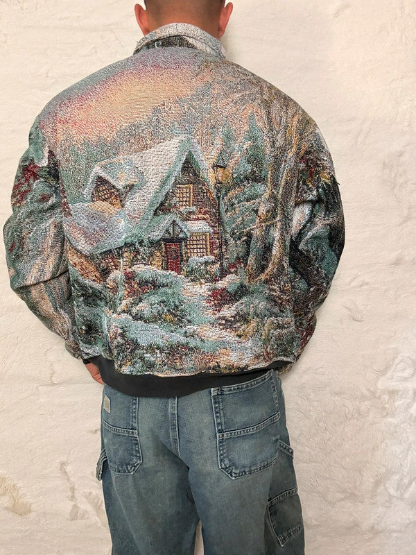 Veste Harrington en tapisserie design unique fait main upcyclé retravaillé et tissé taille M n•893