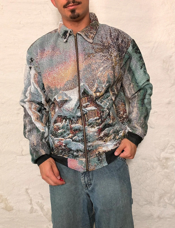 Veste Harrington en tapisserie design unique fait main upcyclé retravaillé et tissé taille M n•893