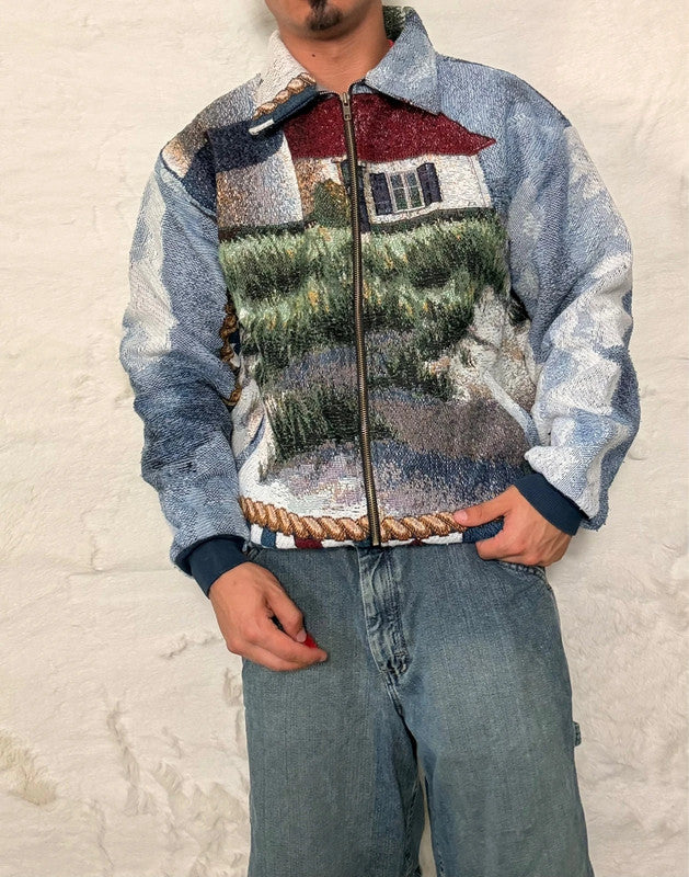 Veste Harrington en tapisserie design unique fait main upcyclé retravaillé et tissé taille M n•894