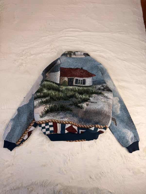 Veste Harrington en tapisserie design unique fait main upcyclé retravaillé et tissé taille M n•894