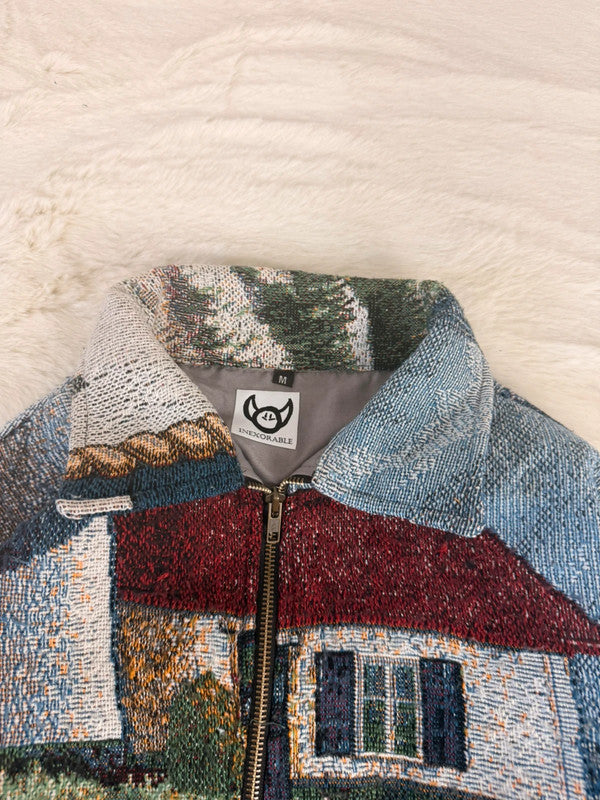 Veste Harrington en tapisserie design unique fait main upcyclé retravaillé et tissé taille M n•894