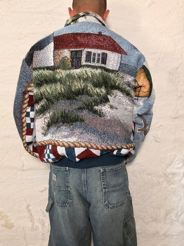 Veste Harrington en tapisserie design unique fait main upcyclé retravaillé et tissé taille M n•894