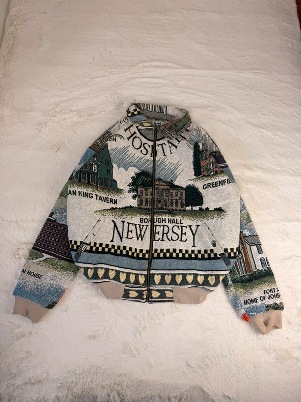 Veste Harrington en tapisserie design unique fait main upcyclé retravaillé et tissé taille XL n•895