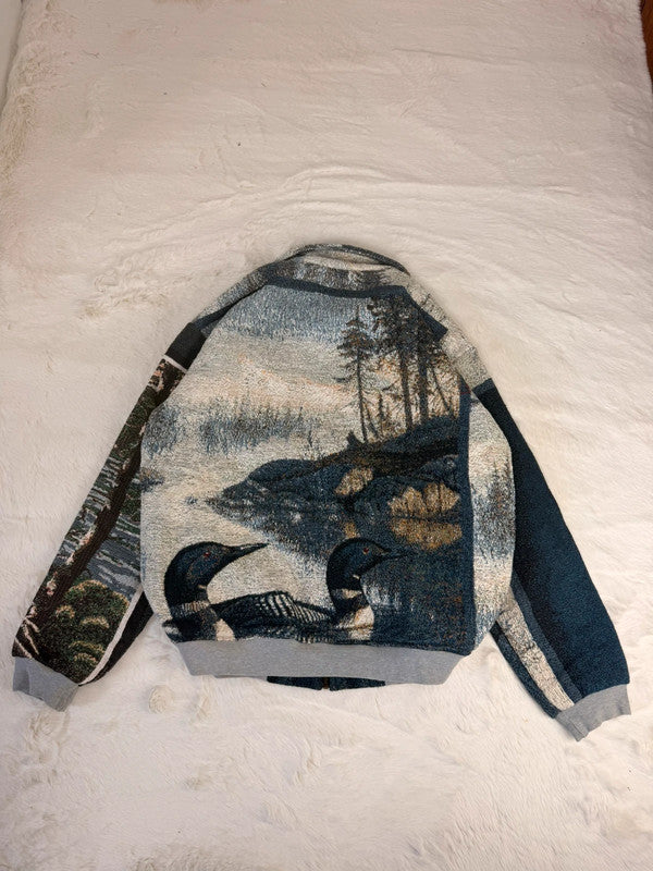 Veste Harrington en tapisserie design unique fait main upcyclé retravaillé et tissé taille XL n•896