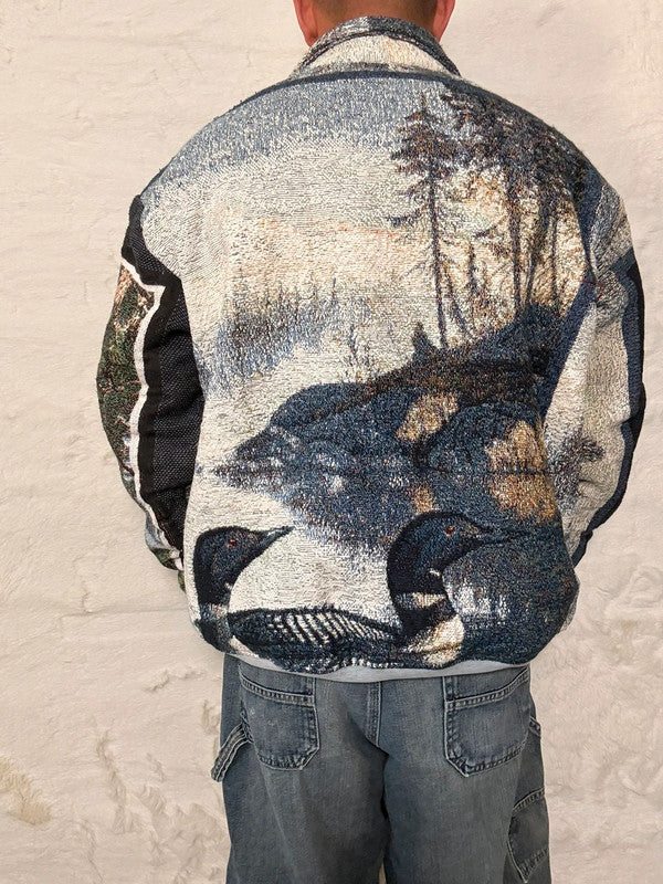 Veste Harrington en tapisserie design unique fait main upcyclé retravaillé et tissé taille XL n•896