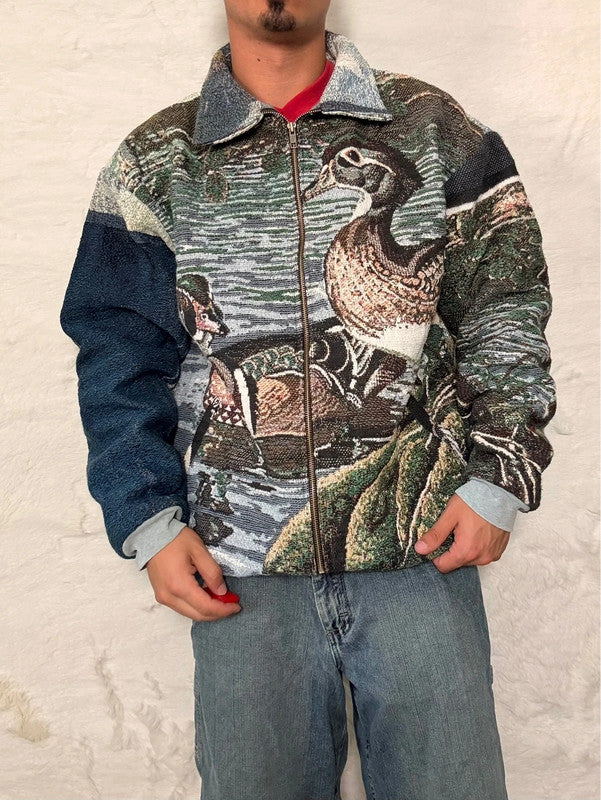 Veste Harrington en tapisserie design unique fait main upcyclé retravaillé et tissé taille XL n•896