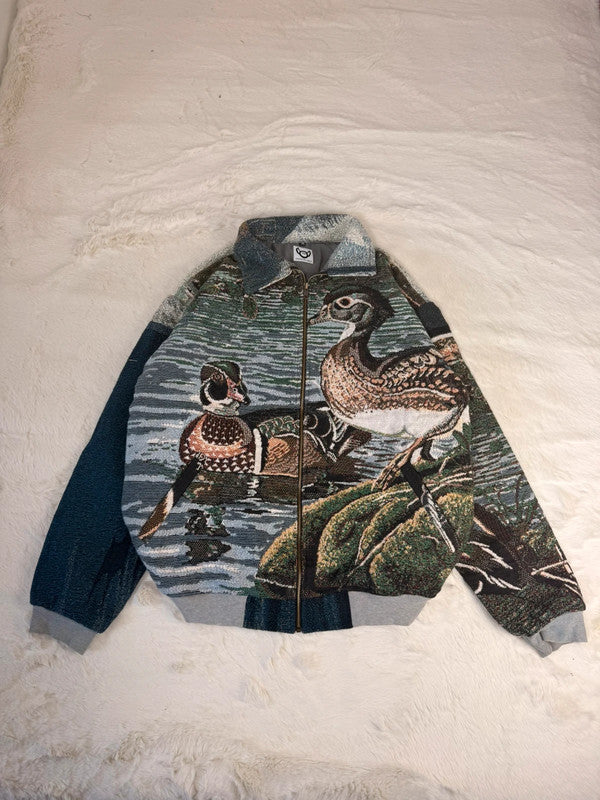 Veste Harrington en tapisserie design unique fait main upcyclé retravaillé et tissé taille XL n•896