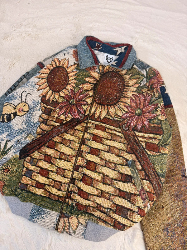 Veste Harrington en tapisserie design unique fait main upcyclé retravaillé et tissé taille L n•897