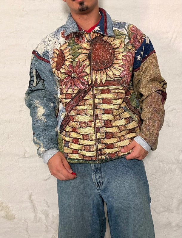 Veste Harrington en tapisserie design unique fait main upcyclé retravaillé et tissé taille L n•897