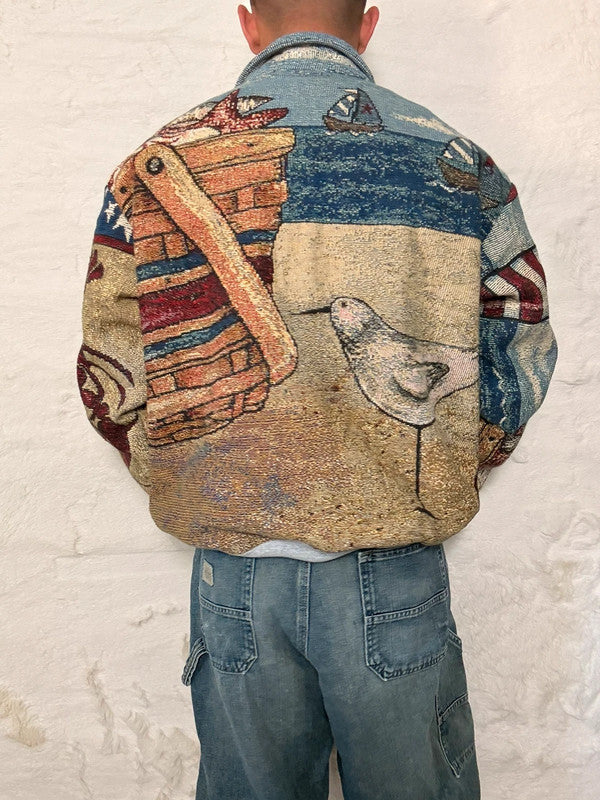 Veste Harrington en tapisserie design unique fait main upcyclé retravaillé et tissé taille L n•897