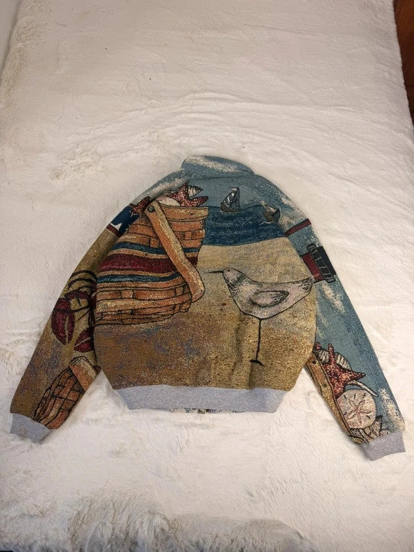 Veste Harrington en tapisserie design unique fait main upcyclé retravaillé et tissé taille L n•897