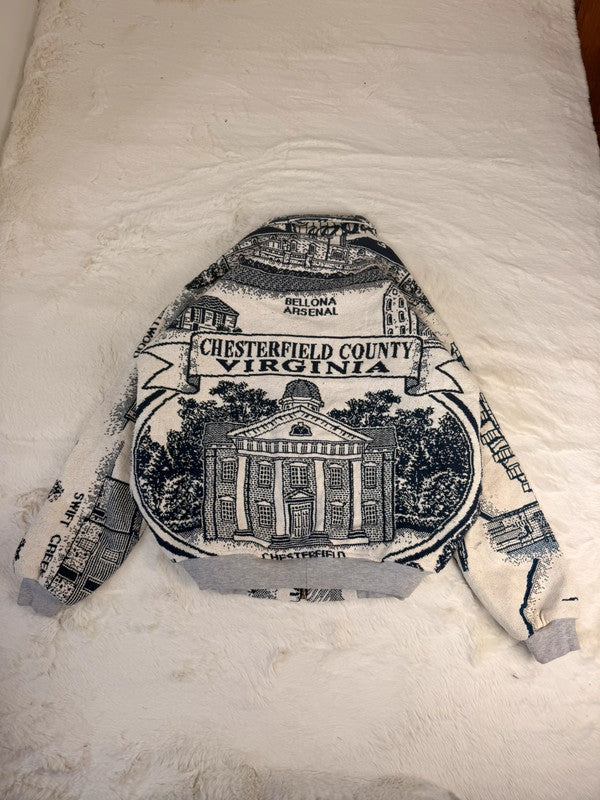 Veste Harrington en tapisserie design unique fait main upcyclé retravaillé et tissé taille XL n•898