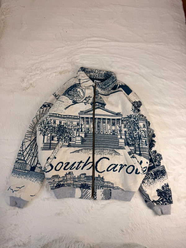 Veste Harrington en tapisserie design unique fait main upcyclé retravaillé et tissé taille XL n•898