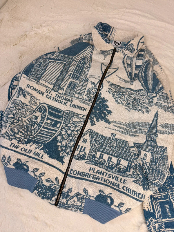 Veste Harrington en tapisserie design unique fait main upcyclé retravaillé et tissé taille XL n•899