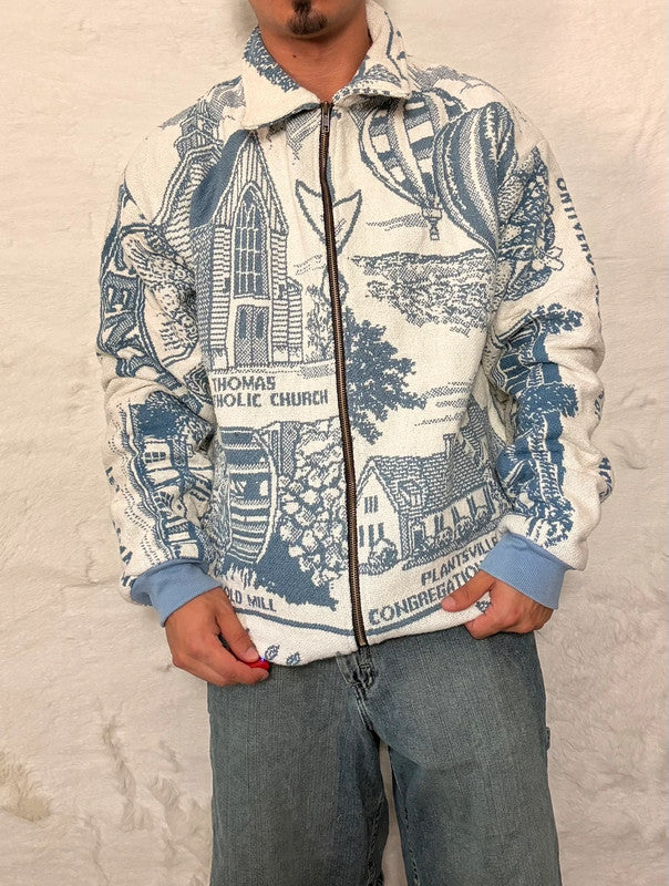 Veste Harrington en tapisserie design unique fait main upcyclé retravaillé et tissé taille XL n•899