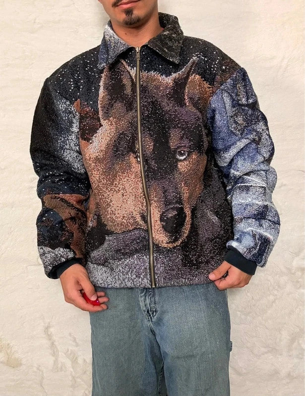 Veste Harrington en tapisserie design unique fait main upcyclé retravaillé et tissé taille XL n•900
