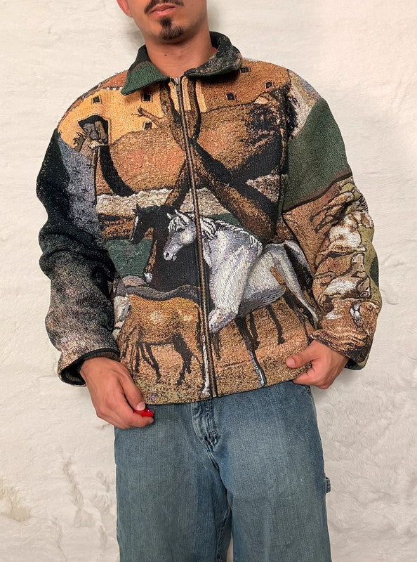 Veste Harrington en tapisserie design unique fait main upcyclé retravaillé et tissé taille XL n•901