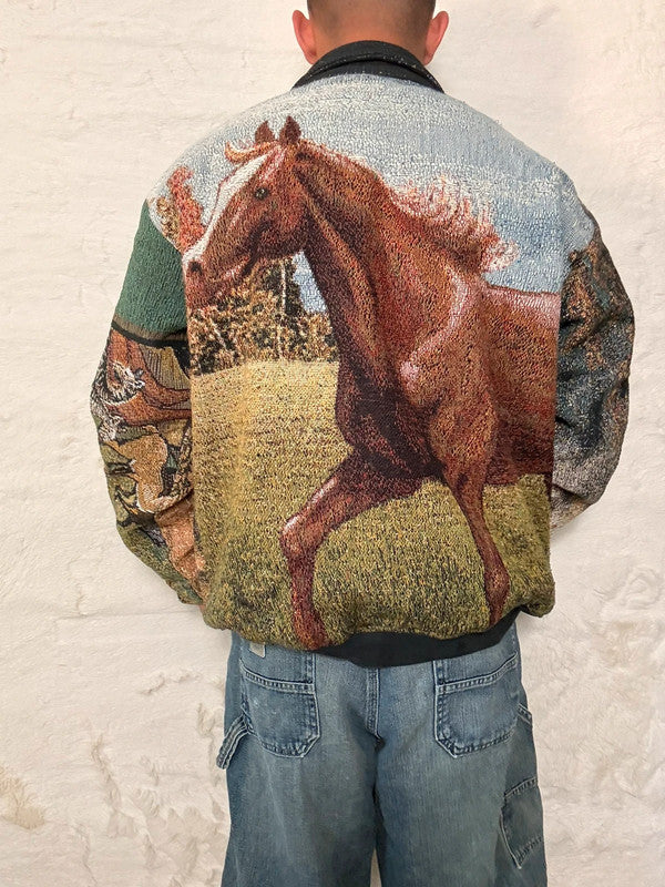 Veste Harrington en tapisserie design unique fait main upcyclé retravaillé et tissé taille XL n•901