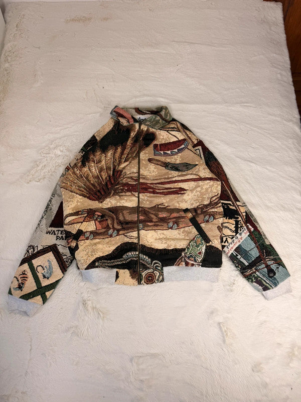 Veste Harrington en tapisserie design unique fait main upcyclé retravaillé et tissé taille XL n•902