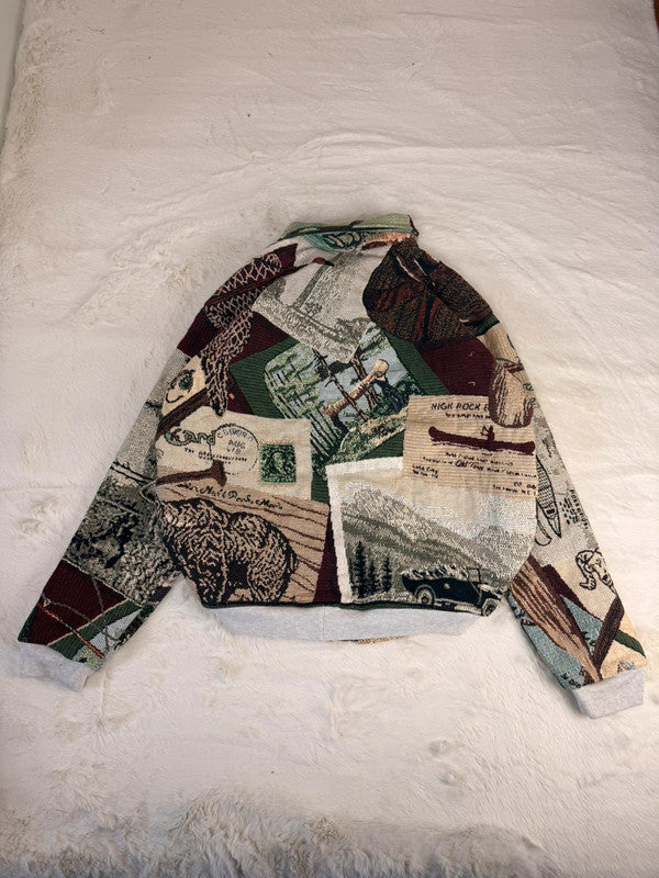 Veste Harrington en tapisserie design unique fait main upcyclé retravaillé et tissé taille XL n•902