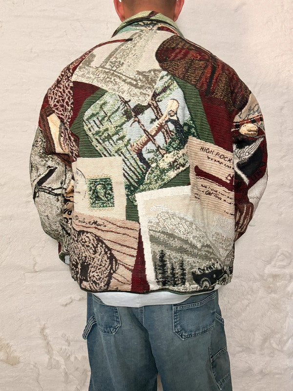 Veste Harrington en tapisserie design unique fait main upcyclé retravaillé et tissé taille XL n•902