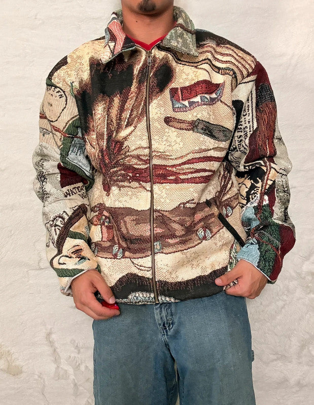 Veste Harrington en tapisserie design unique fait main upcyclé retravaillé et tissé taille XL n•902