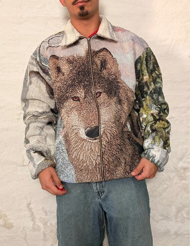 Veste Harrington en tapisserie design unique fait main upcyclé retravaillé et tissé taille XL n•903