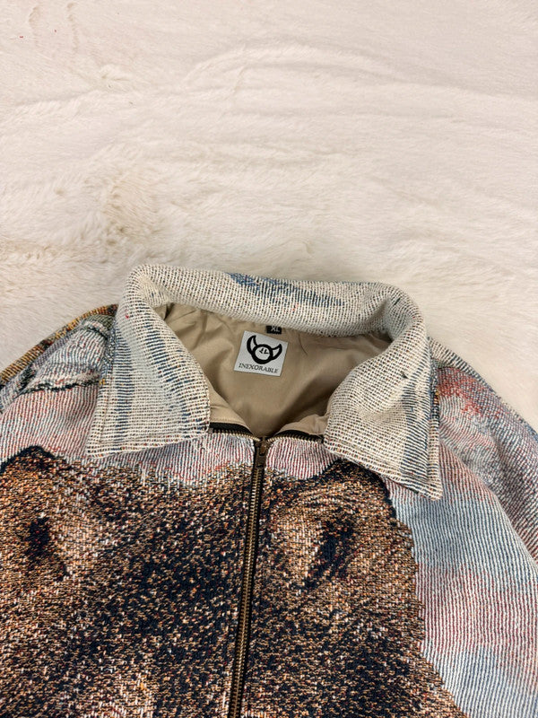 Veste Harrington en tapisserie design unique fait main upcyclé retravaillé et tissé taille XL n•903