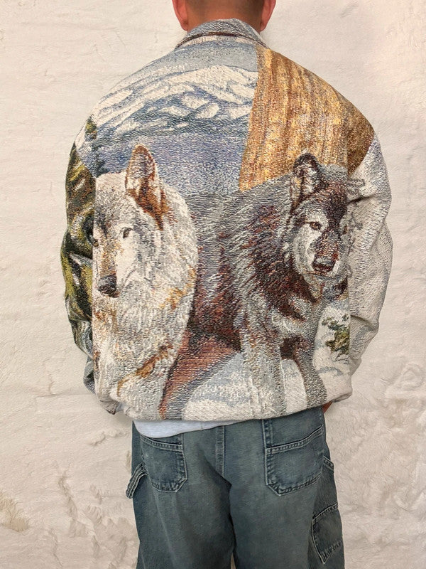 Veste Harrington en tapisserie design unique fait main upcyclé retravaillé et tissé taille XL n•903