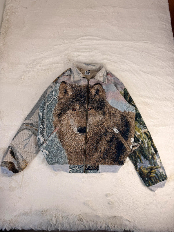 Veste Harrington en tapisserie design unique fait main upcyclé retravaillé et tissé taille XL n•903