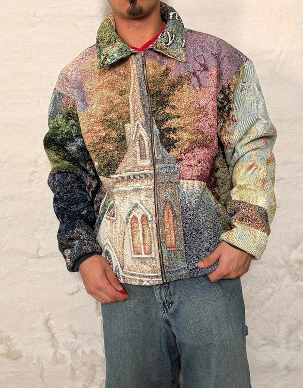 Veste Harrington en tapisserie design unique fait main upcyclé retravaillé et tissé taille XL n•904