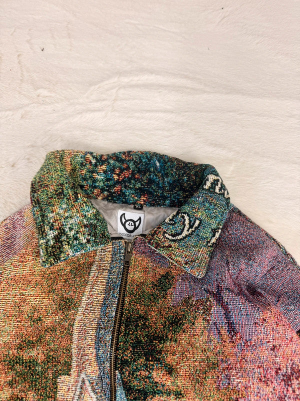 Veste Harrington en tapisserie design unique fait main upcyclé retravaillé et tissé taille XL n•904