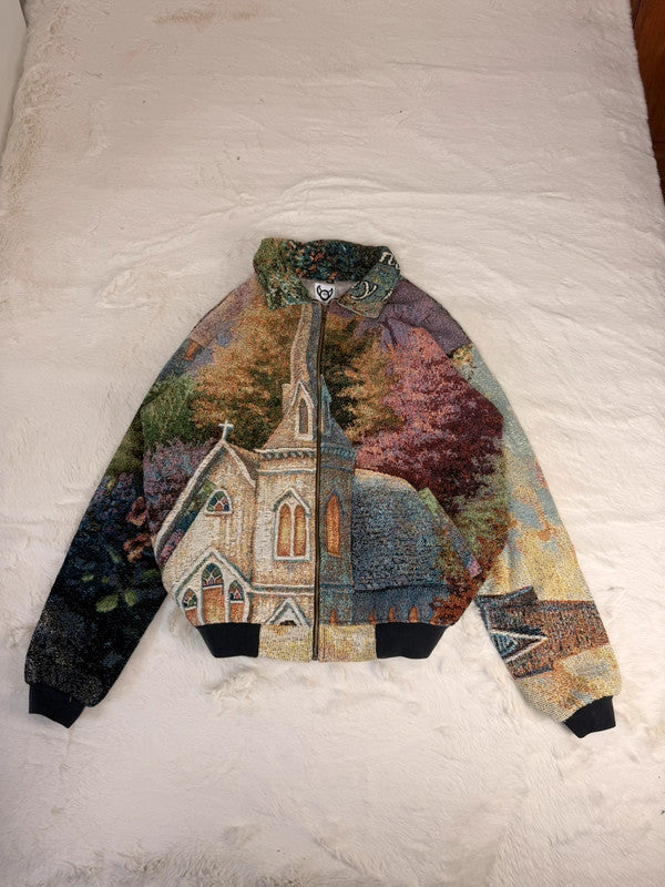 Veste Harrington en tapisserie design unique fait main upcyclé retravaillé et tissé taille XL n•904