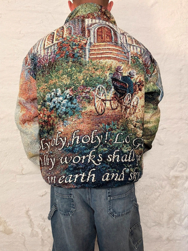 Veste Harrington en tapisserie design unique fait main upcyclé retravaillé et tissé taille XL n•904