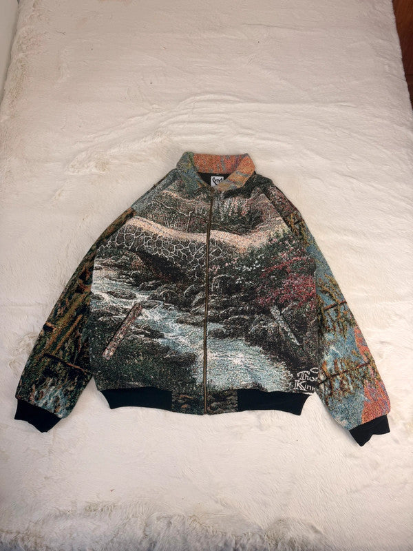 Veste Harrington en tapisserie design unique fait main upcyclé retravaillé et tissé taille XL n•905