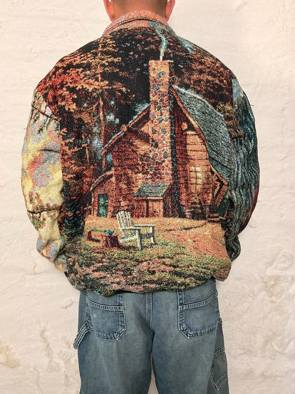 Veste Harrington en tapisserie design unique fait main upcyclé retravaillé et tissé taille XL n•905