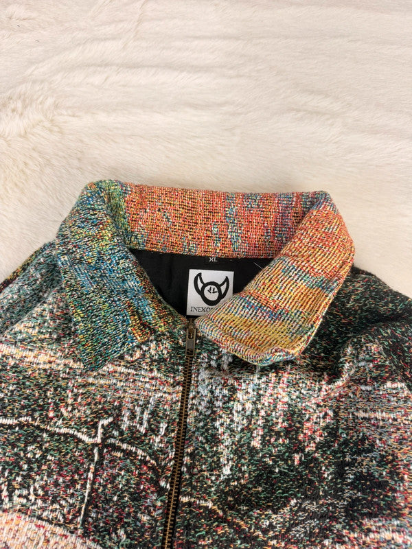 Veste Harrington en tapisserie design unique fait main upcyclé retravaillé et tissé taille XL n•905
