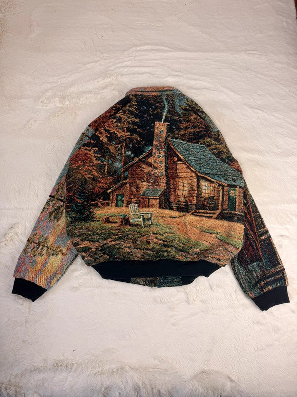 Veste Harrington en tapisserie design unique fait main upcyclé retravaillé et tissé taille XL n•905
