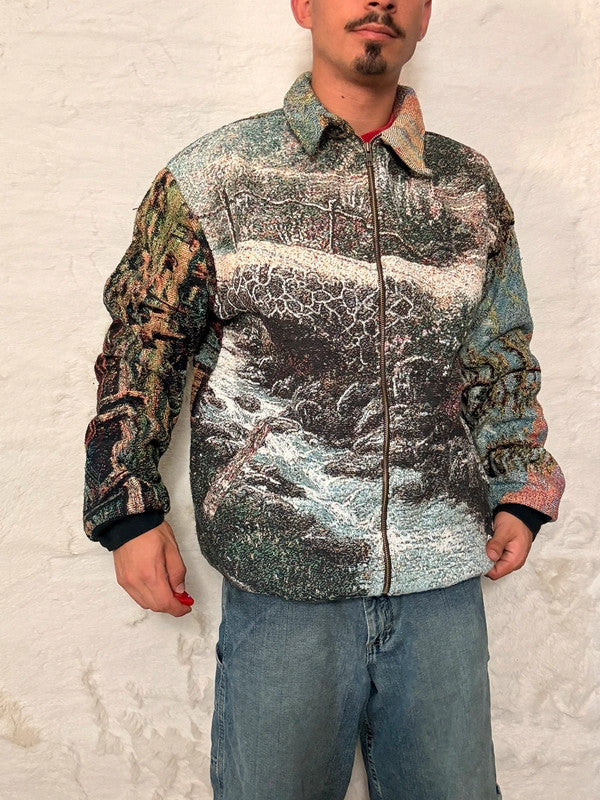 Veste Harrington en tapisserie design unique fait main upcyclé retravaillé et tissé taille XL n•905